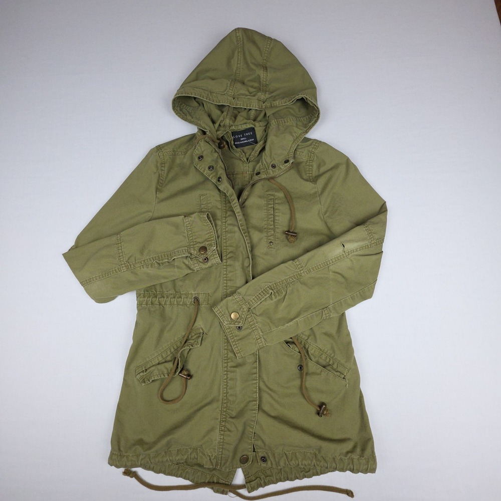 Love Tree Utility Anorak Jacket Womens Small Olive Green Hooded 100% Cotton
